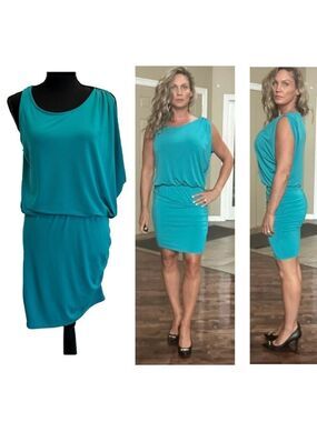 Michael Michael Kors turquoise blue asymmetrical web sleeve draped mini dress S
